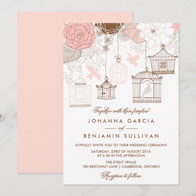 Faire-part de mariage d'oiseaux Whimsical Rose (Devant / Derrière)