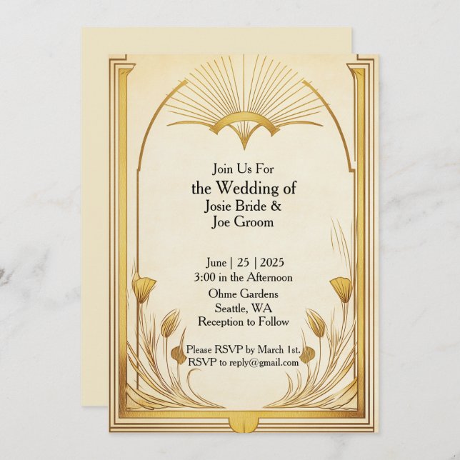 Faire-part de mariage d'or Art Nouveau (Devant / Derrière)