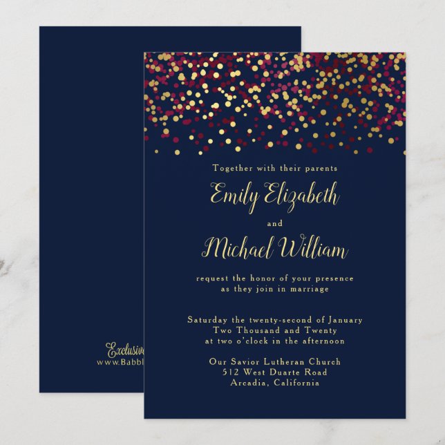 Faire-part de mariage d'or de Navy Blue Bokeh (Devant / Derrière)