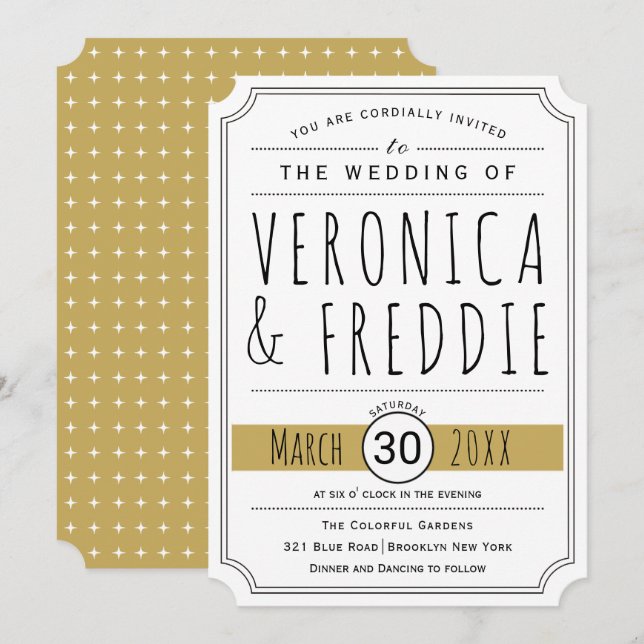 Faire-part de mariage d'or de typographie moderne (Devant / Derrière)