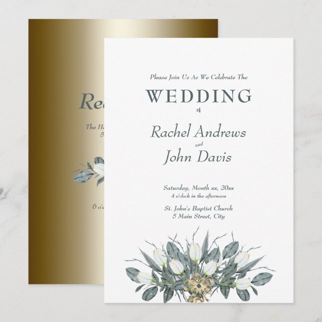 Faire-part de mariage d'or des Tulipes blanches (Devant / Derrière)