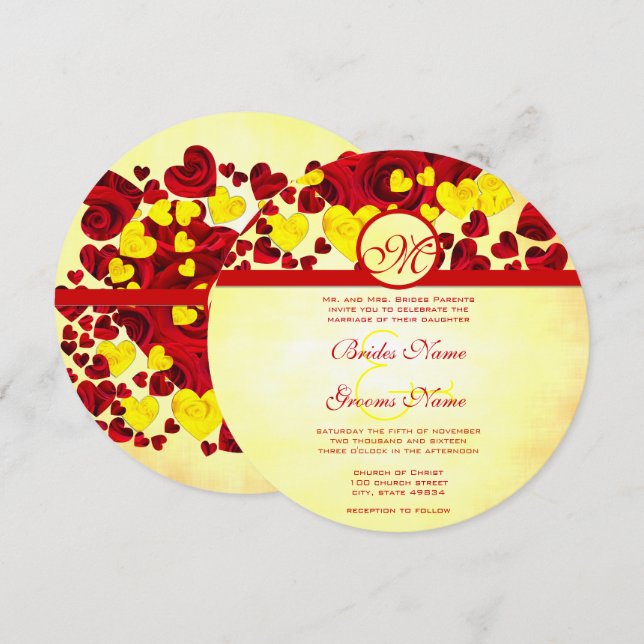 Faire-part de mariage d'or du coeur jaune et rouge (Devant / Derrière)