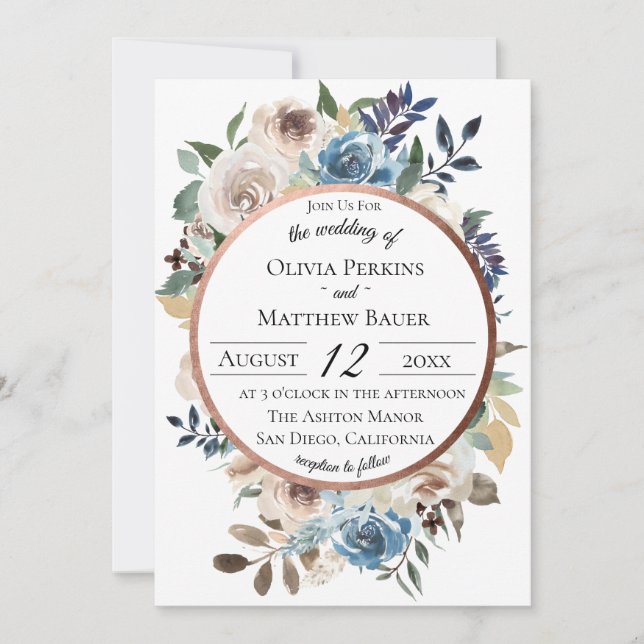 Faire-part de mariage d'or Rose floral bleu chic (Devant)