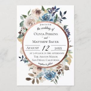 Faire-part de mariage d'or Rose floral bleu chic