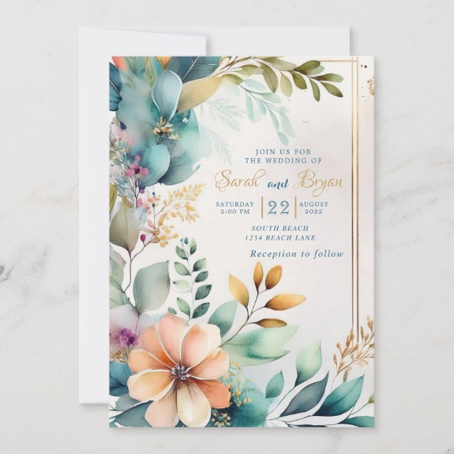 Faire-part de mariage d'or turquoise Peach Floral (Devant)
