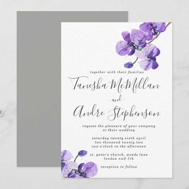 Faire-part de mariage d'orchidées violettes (Devant / Derrière)