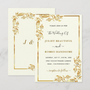 Faire-part de mariage doré aux feuilles dorées enc