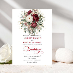 Faire-part de mariage doré et floral blanc burgund