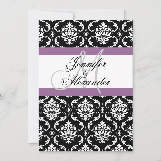 Faire-part de mariage dos damassé violet monogramm (Devant)