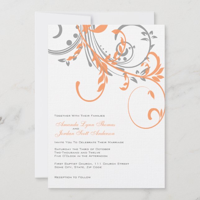 Faire-part de mariage double floral gris et orange (Devant)