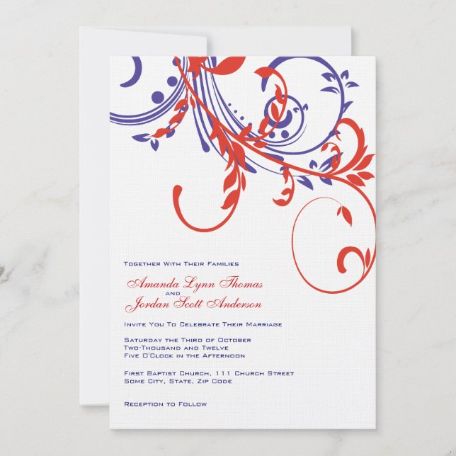 Faire-part de mariage double floral rouge, blanc e (Devant)