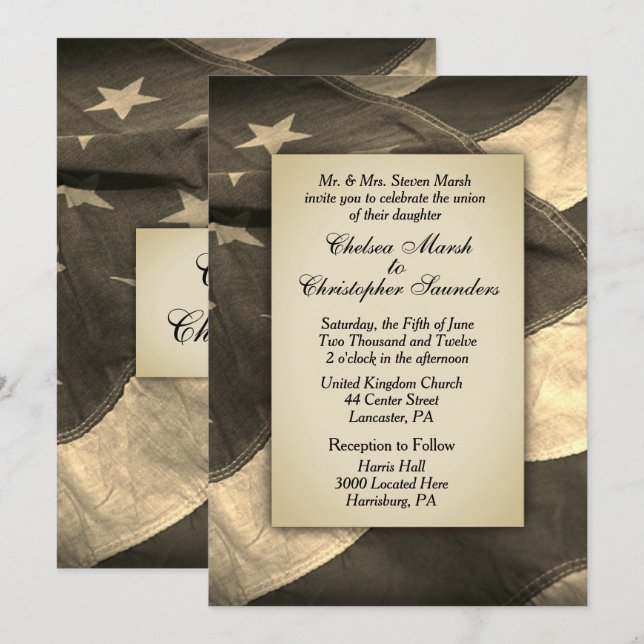 Faire-part de mariage drapeau vintage Sepia USA (Devant / Derrière)