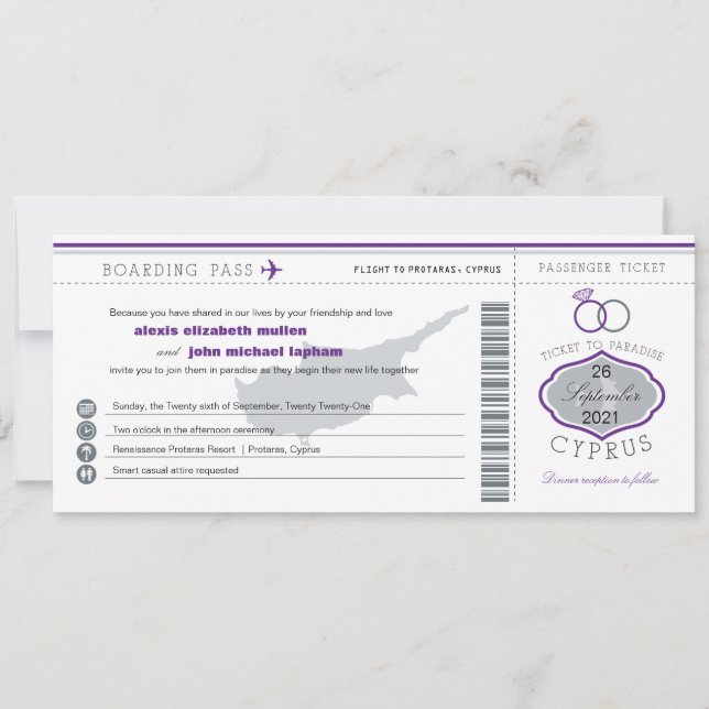 Faire-part de mariage du col Purple Cyprus Boardin (Devant)