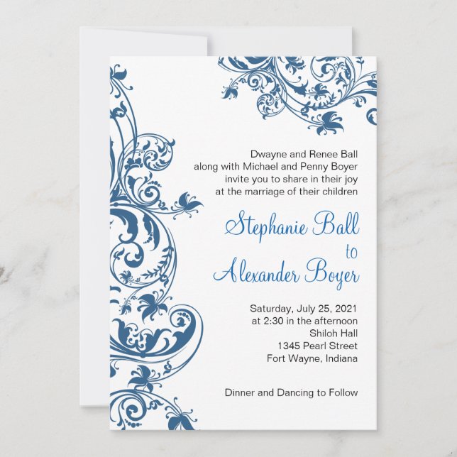 Faire-part de mariage Elegance Blue Swirl décontra (Devant)