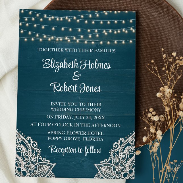 Faire-Part de Mariage Élégance Rustique Teal Foncé (Dark Teal Wooden  String Lights and Lace Wedding Invitation on brown plate with dry wildflowers)
