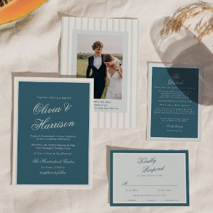 Faire-part de mariage élégant à rayure bleue marin