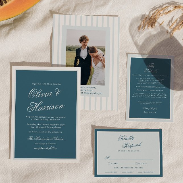 Faire-part de mariage élégant à rayure bleue marin (Créateur téléchargé)