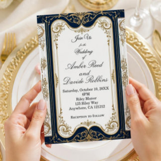 Faire-part de mariage élégant Art Déco marine et o