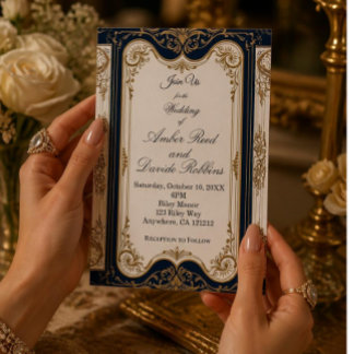Faire-part de mariage élégant Art Déco marine et o