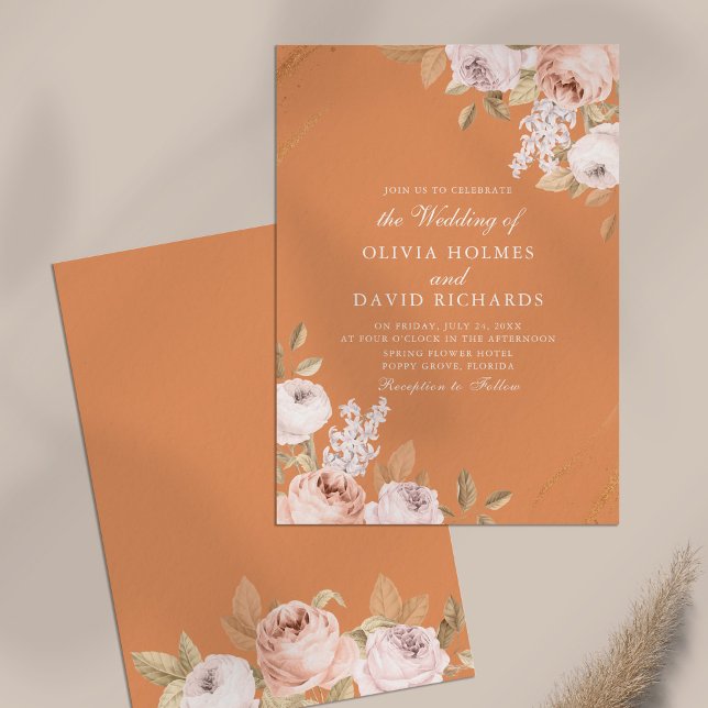 Faire-part de mariage élégant aux pivoines abricot (Elegant Apricot Peony Wedding Invitation on neutral table)