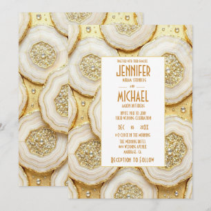 Faire-part de mariage élégant blanc et or géode