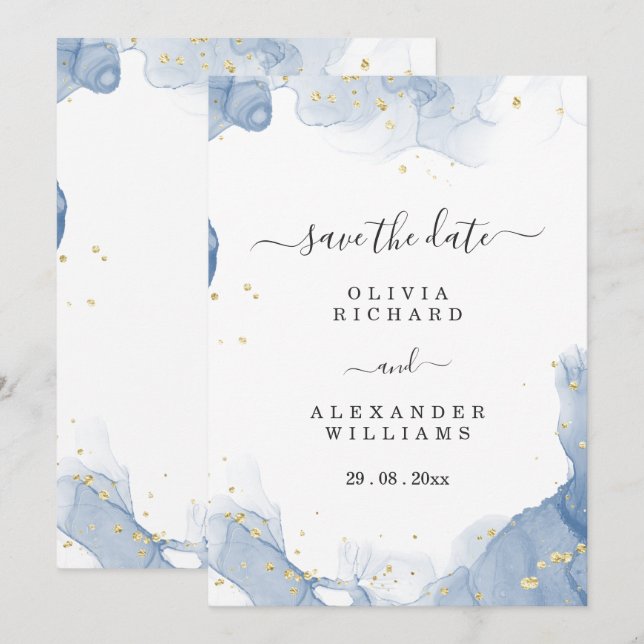 Faire-part de mariage élégant bleu et or minimalis (Devant / Derrière)