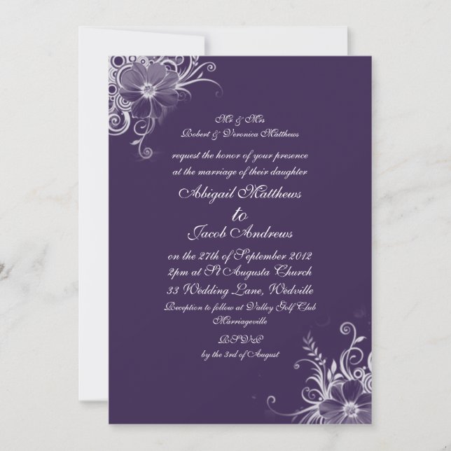 Faire-part de mariage élégant de fleur pourpre et (Devant)