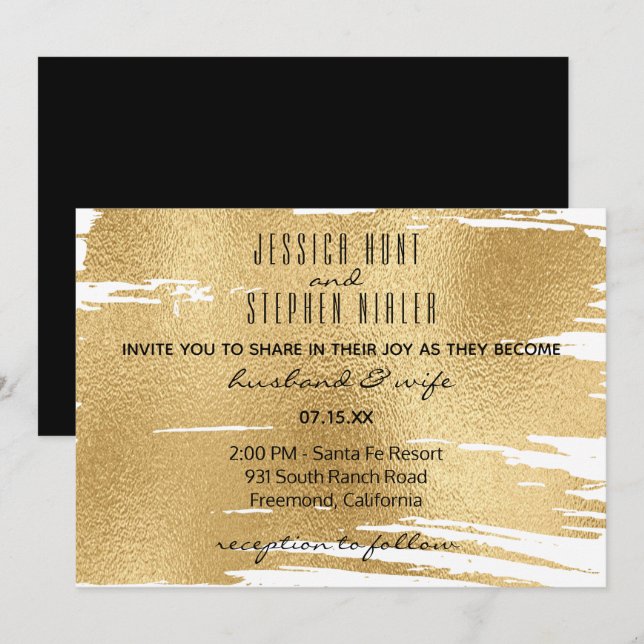 Faire-part de mariage élégant en noir et or (Devant / Derrière)