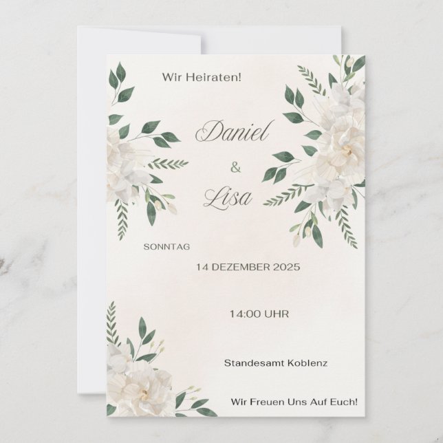 Faire-part de mariage Élégant Floral – Blanc natur (Devant)