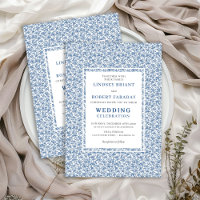 Faire-part de mariage élégant Toile de Jouy Bleu V