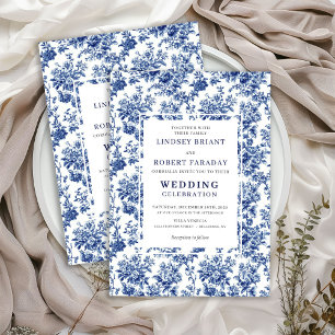 Faire-part de mariage élégant toile de Jouy bleue