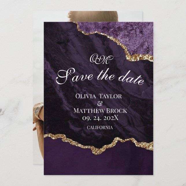 Faire-part de mariage en agate violette  (Devant / Derrière)