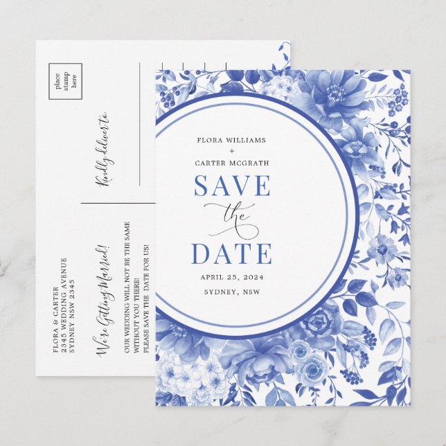 Faire-part de mariage en bleu botanique de style c (Devant / Derrière)