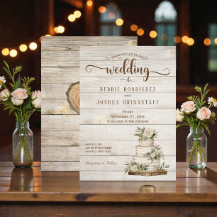 Faire-part de mariage en bois avec gâteau rustique