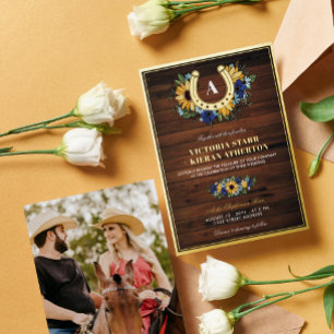 Faire-part de mariage en bois bleu tournesols mono
