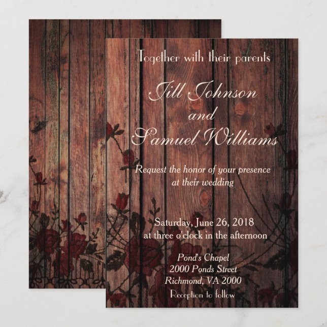 Faire-part de mariage en bois et en dentelle rouge (Devant / Derrière)