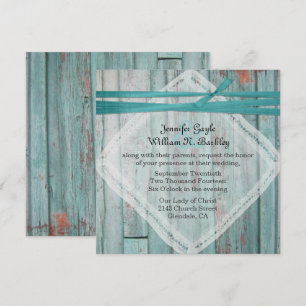 Faire-part de mariage en bois peint par turquoise