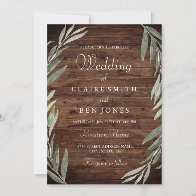Faire-part de mariage en bois rustique à feuilles  (Devant)