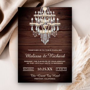 Faire-part de mariage en bois rustique avec lustre