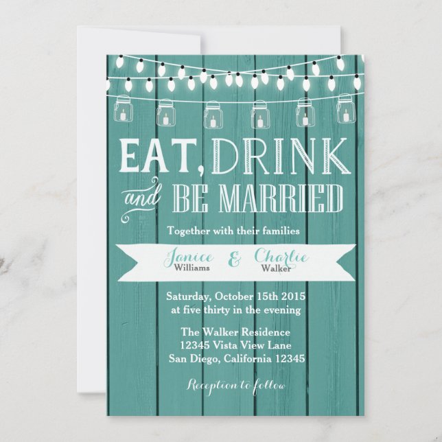 Faire-part de mariage en bois rustique bleu turquo (Devant)