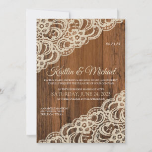Faire-part de mariage en bois rustique et dentelle