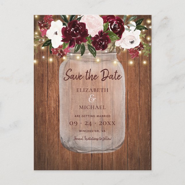Faire-part de mariage en bois rustique floral burg (Devant)