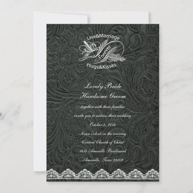 Faire-part de mariage en cuir noir de colombe de (Devant)