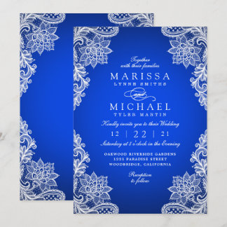 Faire-part de mariage en dentelle florale bleu roy