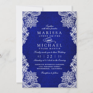 Faire-part de mariage en dentelle florale bleu roy