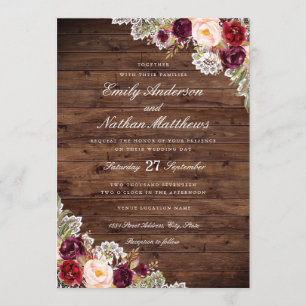 Faire-part de mariage en dentelle florale burgonde