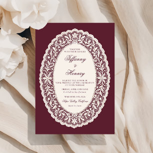 Faire-part de mariage en dentelle vintage bordeaux