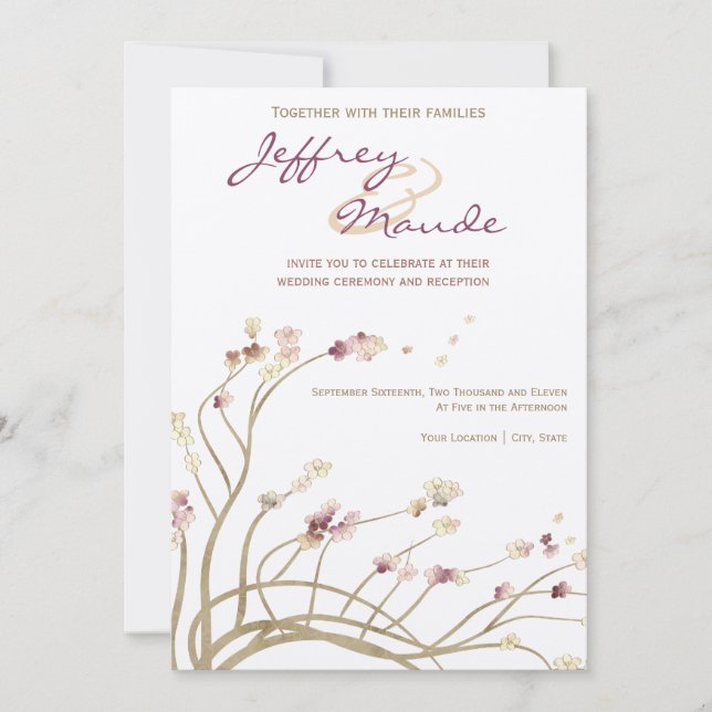 Faire-part de mariage en fleur de cerise d'or déli (Devant)