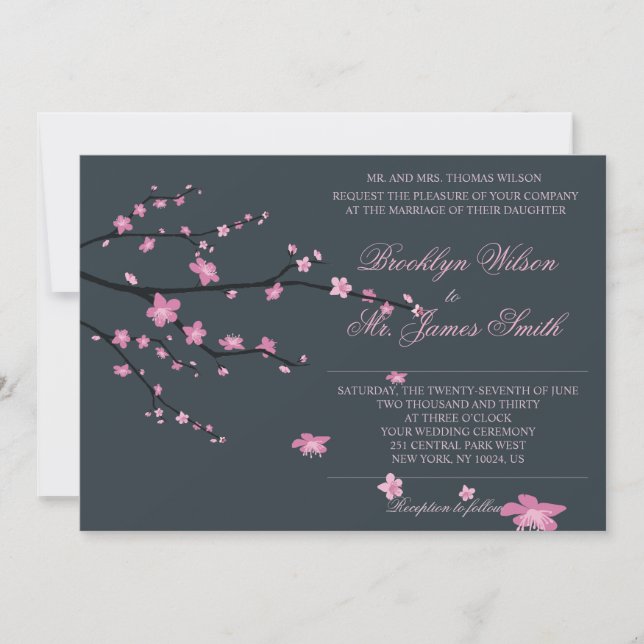 Faire-part de mariage en fleurs de cerisier foncé (Devant)