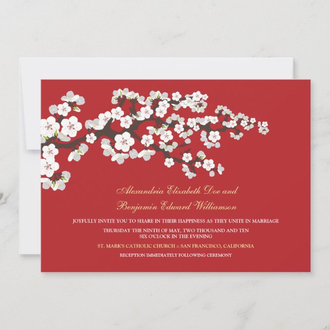 Faire-part de mariage en fleurs de cerisiers (roug (Devant)